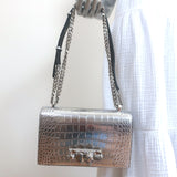 Alexander McQueen Jewelled Knuckle Shoulder Bag Silver Croc-Embossed Leather