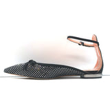 Rochas Rhinestone-Embellished Ankle Strap Bow Flats Black Satin Size 38.5