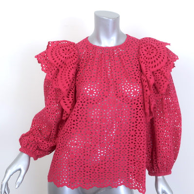 Ulla Johnson Caasi Broderie Anglaise Balloon-Sleeve Blouse Fuchsia Cotton Size 4