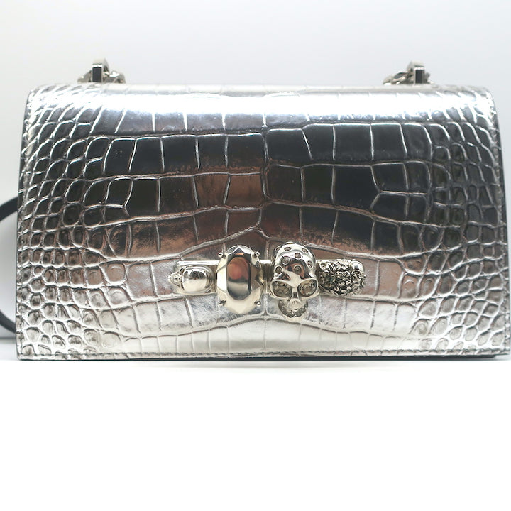 Alexander McQueen Jewelled Knuckle Shoulder Bag Silver Croc-Embossed Leather