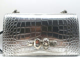 Alexander McQueen Jewelled Knuckle Shoulder Bag Silver Croc-Embossed Leather