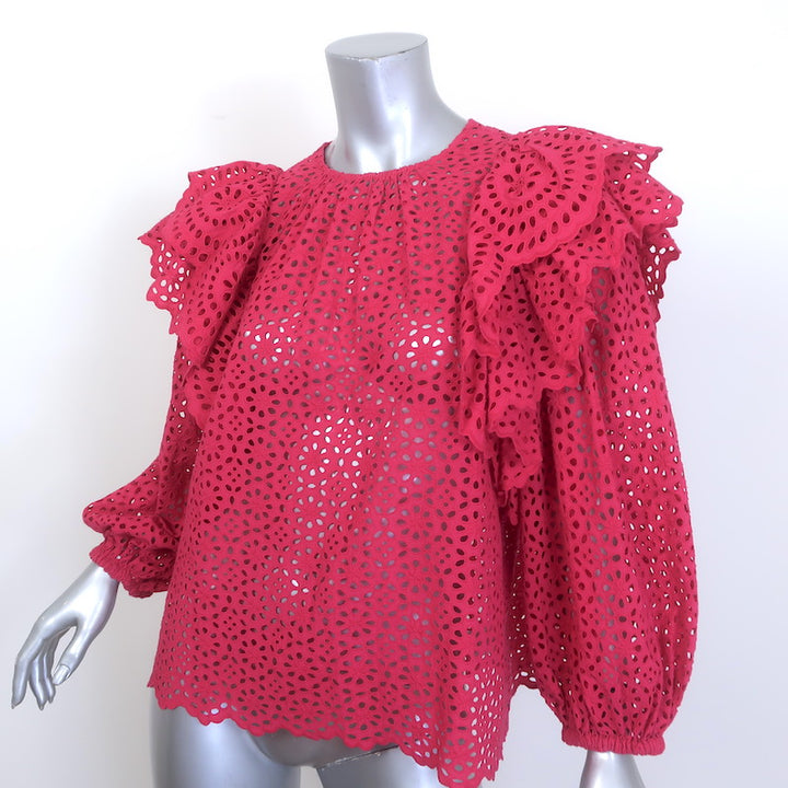 Ulla Johnson Caasi Broderie Anglaise Balloon-Sleeve Blouse Fuchsia Cotton Size 4