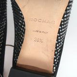 Rochas Rhinestone-Embellished Ankle Strap Bow Flats Black Satin Size 38.5