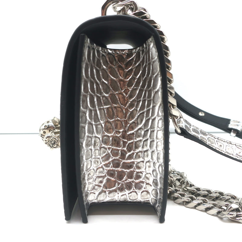 Alexander McQueen Jewelled Knuckle Shoulder Bag Silver Croc-Embossed Leather