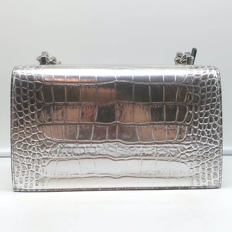 Alexander McQueen Jewelled Knuckle Shoulder Bag Silver Croc-Embossed Leather