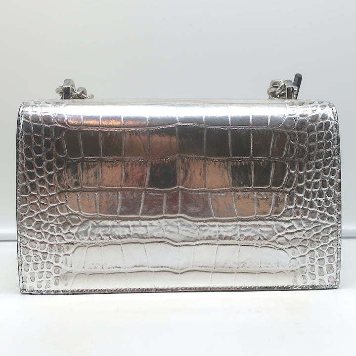 Alexander McQueen Jewelled Knuckle Shoulder Bag Silver Croc-Embossed Leather