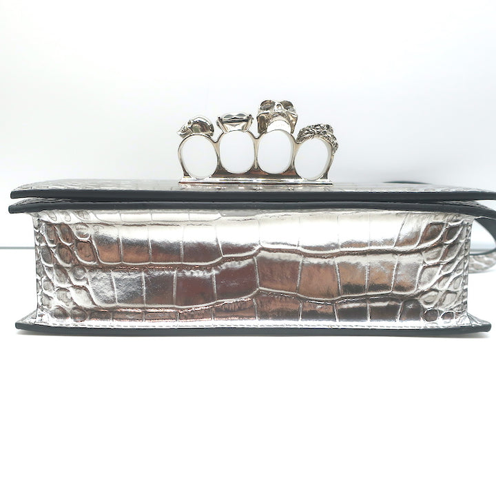 Alexander McQueen Jewelled Knuckle Shoulder Bag Silver Croc-Embossed Leather