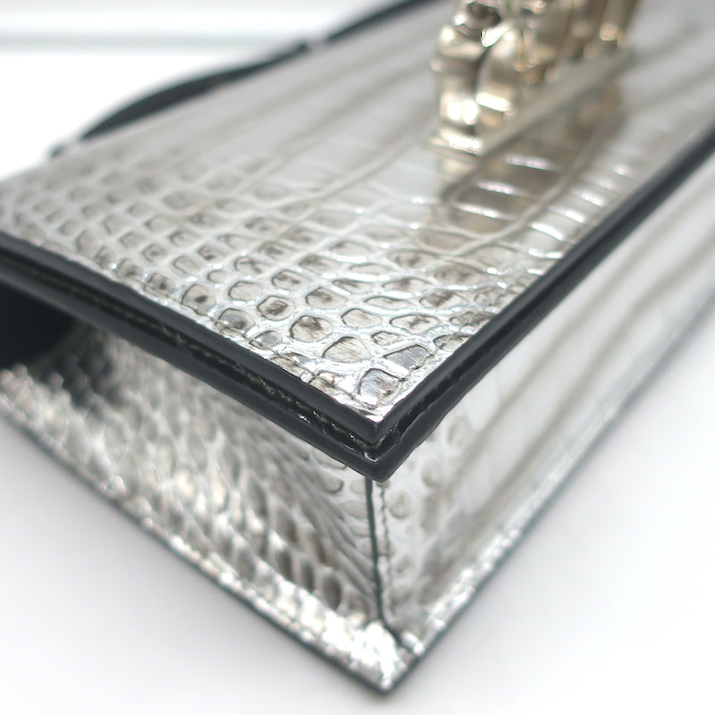 Alexander McQueen Jewelled Knuckle Shoulder Bag Silver Croc-Embossed Leather