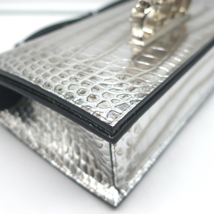 Alexander McQueen Jewelled Knuckle Shoulder Bag Silver Croc-Embossed Leather