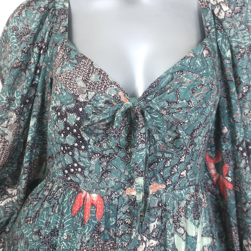 Ulla Johnson Kemala Puff Sleeve Midi Dress Malachite Printed Cotton-Blend Size 4