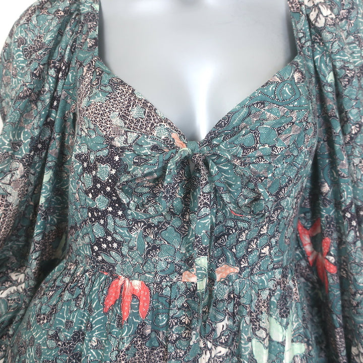 Ulla Johnson Kemala Puff Sleeve Midi Dress Malachite Printed Cotton-Blend Size 4