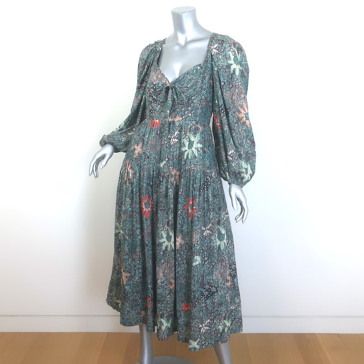 Ulla Johnson Kemala Puff Sleeve Midi Dress Malachite Printed Cotton-Blend Size 4