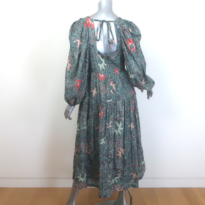Ulla Johnson Kemala Puff Sleeve Midi Dress Malachite Printed Cotton-Blend Size 4