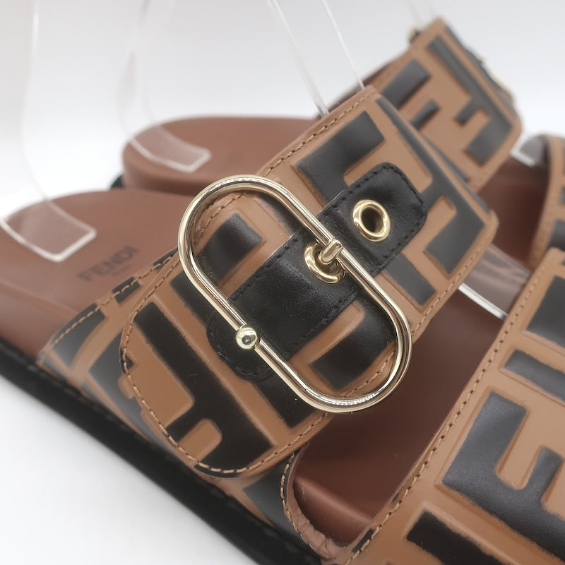 Fendi Pearland Zucca FF Slide Sandals Brown &amp; Black Leather Size 36.5
