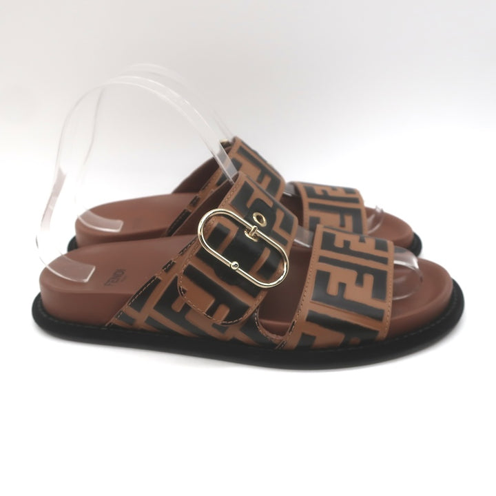 Fendi Pearland Zucca FF Slide Sandals Brown &amp; Black Leather Size 36.5