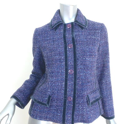 Marc Jacobs Velvet-Trimmed Tweed Jacket Purple/Blue Wool-Blend Size 6