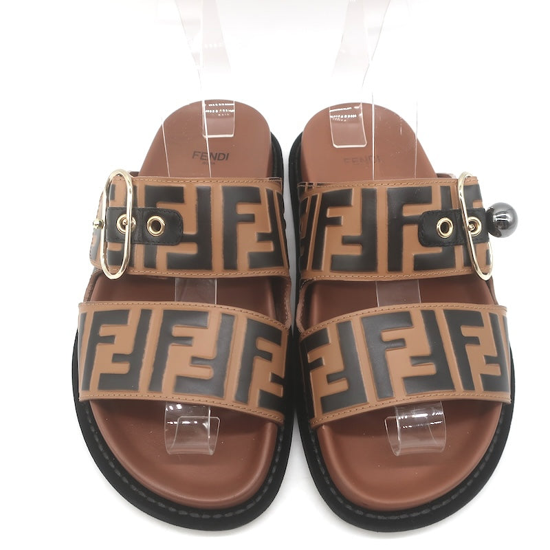Fendi Pearland Zucca FF Slide Sandals Brown &amp; Black Leather Size 36.5