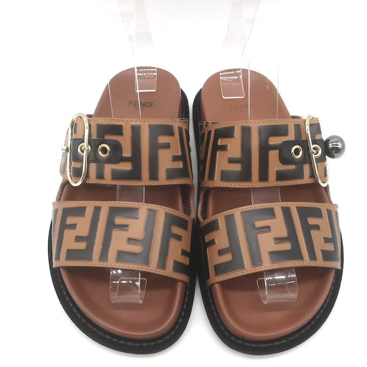 Fendi Pearland Zucca FF Slide Sandals Brown &amp; Black Leather Size 36.5
