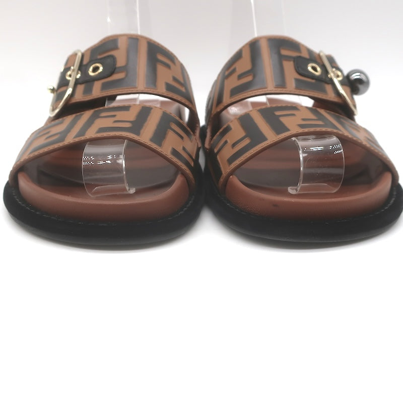 Fendi Pearland Zucca FF Slide Sandals Brown &amp; Black Leather Size 36.5