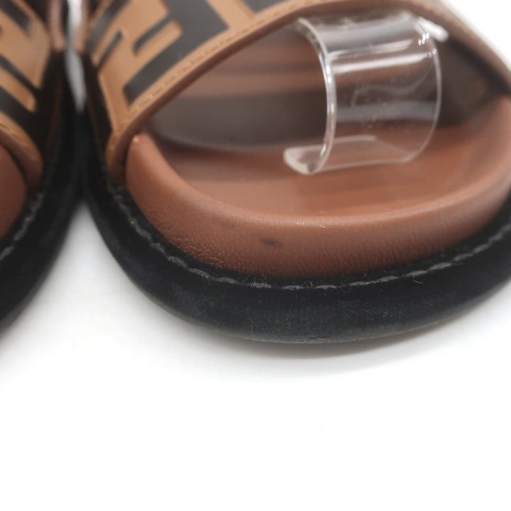 Fendi Pearland Zucca FF Slide Sandals Brown &amp; Black Leather Size 36.5