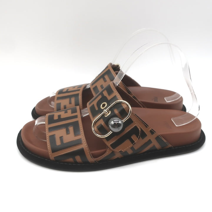 Fendi Pearland Zucca FF Slide Sandals Brown &amp; Black Leather Size 36.5