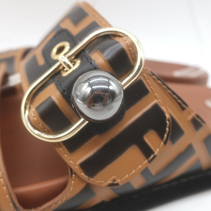 Fendi Pearland Zucca FF Slide Sandals Brown &amp; Black Leather Size 36.5
