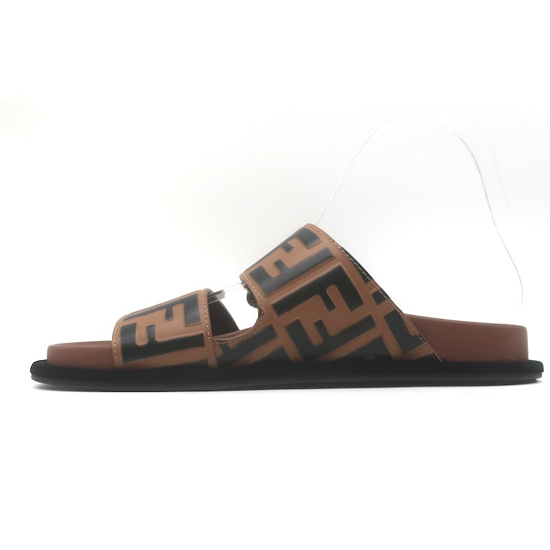 Fendi Pearland Zucca FF Slide Sandals Brown &amp; Black Leather Size 36.5
