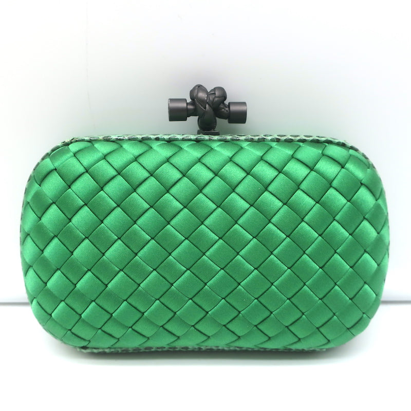Bottega Veneta Knot Box Clutch Green Snakeskin-Trimmed Satin