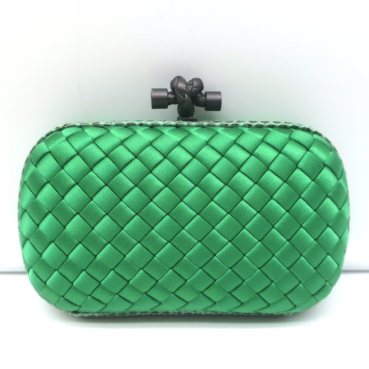 Bottega Veneta Knot Box Clutch Green Snakeskin-Trimmed Satin