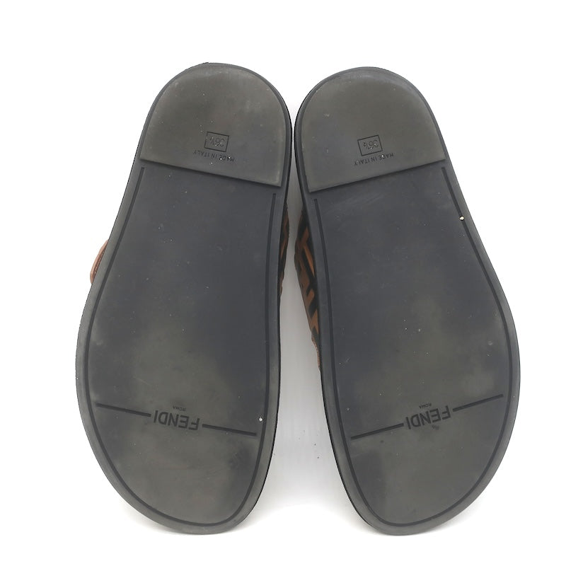 Fendi Pearland Zucca FF Slide Sandals Brown &amp; Black Leather Size 36.5