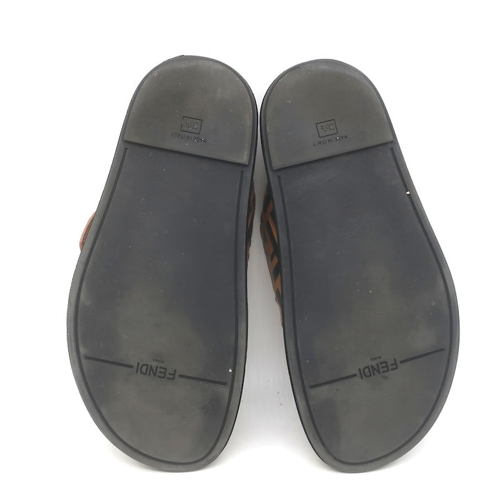 Fendi Pearland Zucca FF Slide Sandals Brown &amp; Black Leather Size 36.5