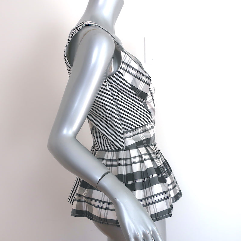 Oscar de la Renta Plaid Peplum Top Black/White Taffeta Size 8 Sleeveless Blouse
