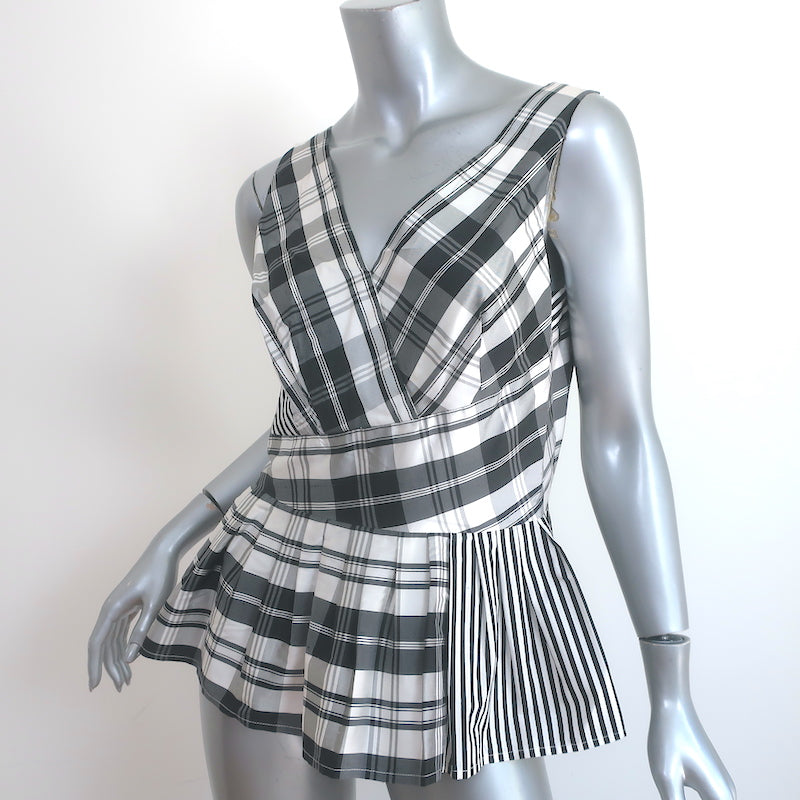 Oscar de la Renta Plaid Peplum Top Black/White Taffeta Size 8 Sleeveless Blouse