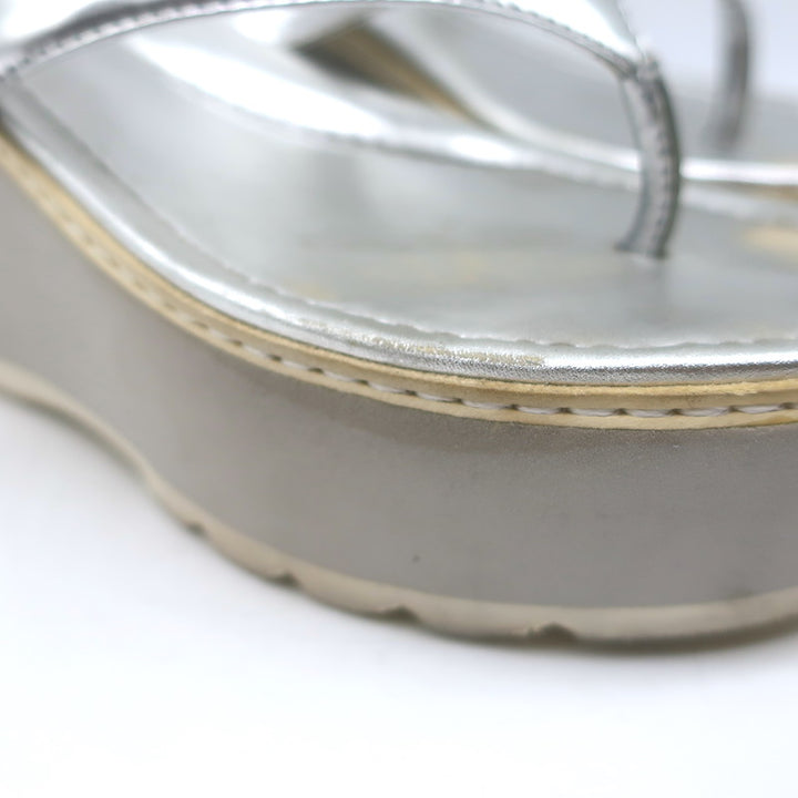 Prada Platform Wedge Thong Sandals Silver Metallic Leather Size 36.5