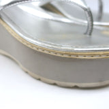 Prada Platform Wedge Thong Sandals Silver Metallic Leather Size 36.5
