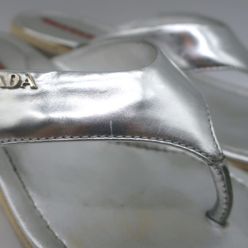 Prada Platform Wedge Thong Sandals Silver Metallic Leather Size 36.5