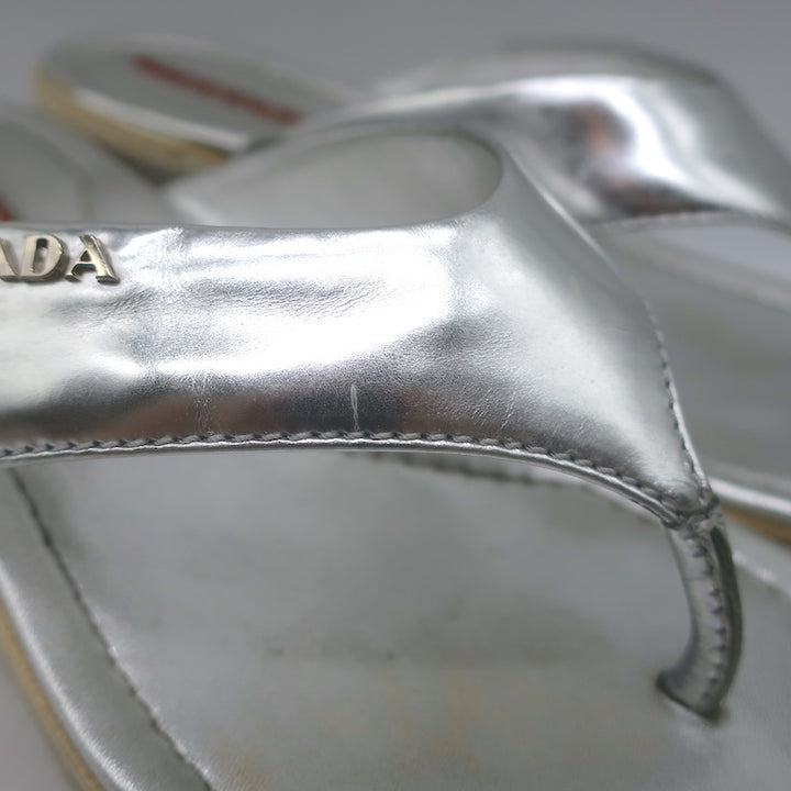 Prada Platform Wedge Thong Sandals Silver Metallic Leather Size 36.5