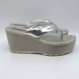 Prada Platform Wedge Thong Sandals Silver Metallic Leather Size 36.5