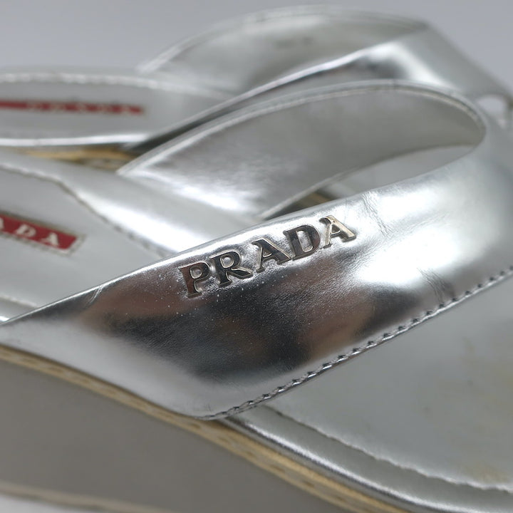 Prada Platform Wedge Thong Sandals Silver Metallic Leather Size 36.5