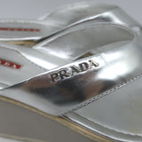 Prada Platform Wedge Thong Sandals Silver Metallic Leather Size 36.5