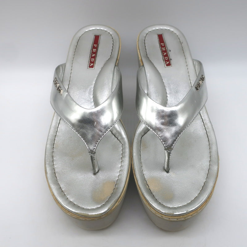 Prada Platform Wedge Thong Sandals Silver Metallic Leather Size 36.5