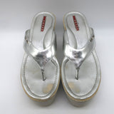 Prada Platform Wedge Thong Sandals Silver Metallic Leather Size 36.5