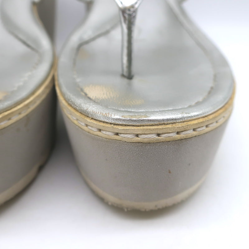 Prada Platform Wedge Thong Sandals Silver Metallic Leather Size 36.5
