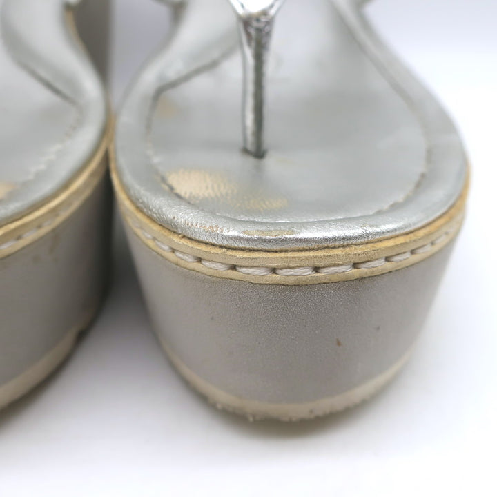 Prada Platform Wedge Thong Sandals Silver Metallic Leather Size 36.5