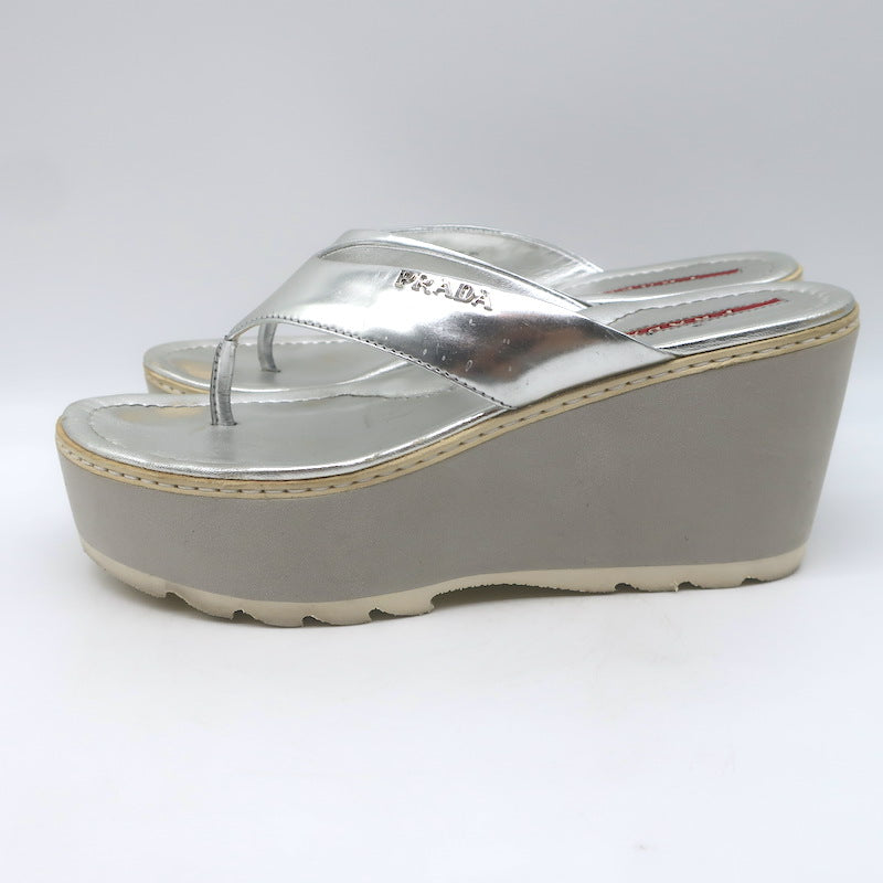 Prada Platform Wedge Thong Sandals Silver Metallic Leather Size 36.5