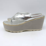 Prada Platform Wedge Thong Sandals Silver Metallic Leather Size 36.5