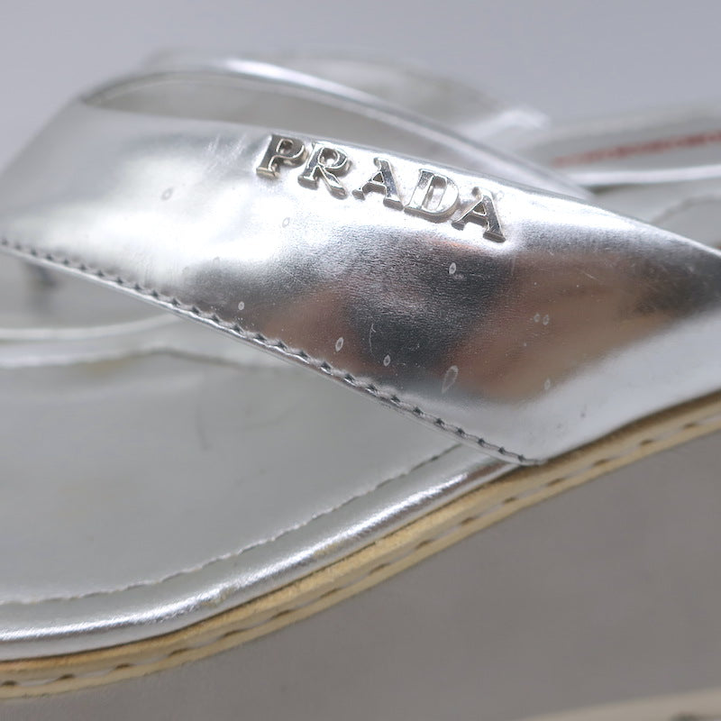 Prada Platform Wedge Thong Sandals Silver Metallic Leather Size 36.5