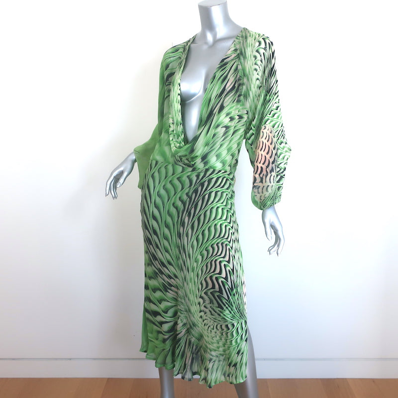 Roberto Cavalli S/S 2001 Runway Plunging Cowl Neck Midi Dress Green Silk Size 42