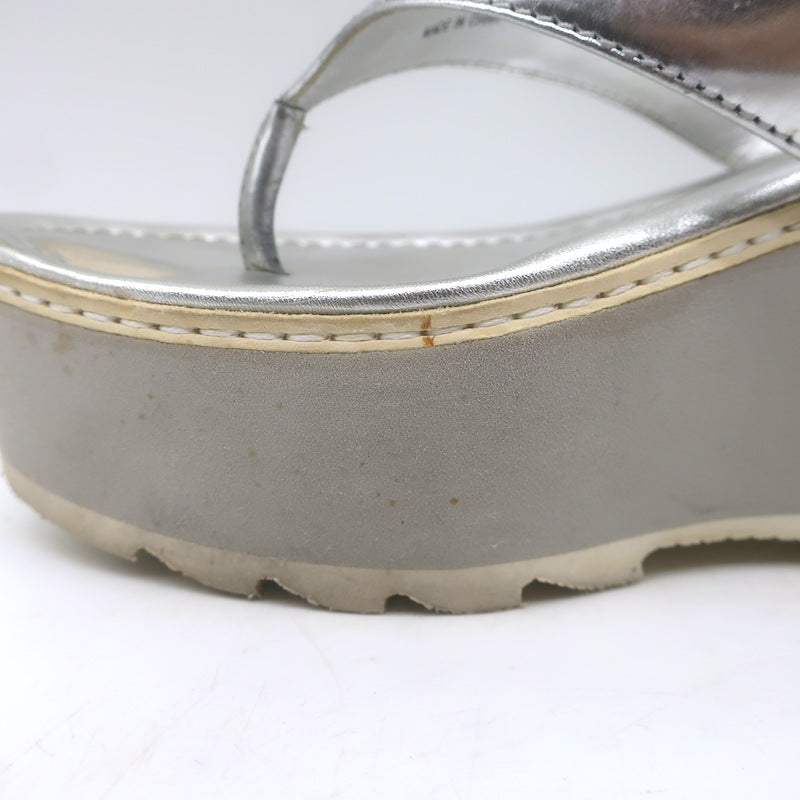 Prada Platform Wedge Thong Sandals Silver Metallic Leather Size 36.5
