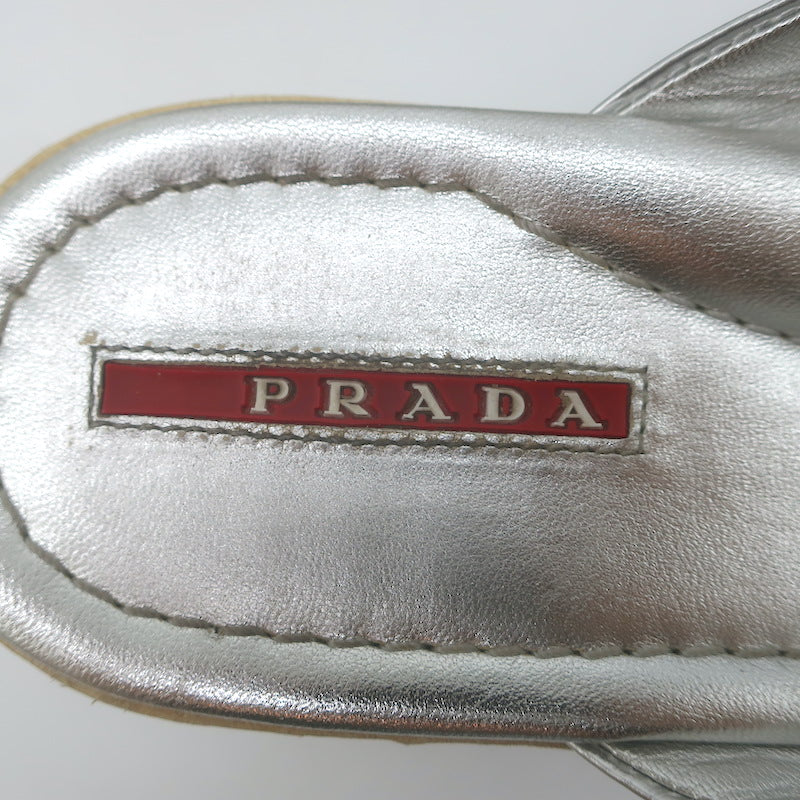 Prada Platform Wedge Thong Sandals Silver Metallic Leather Size 36.5